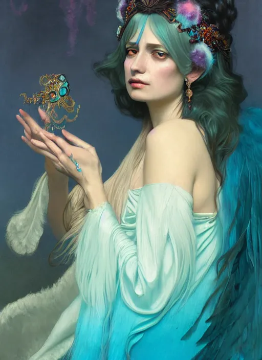 Image similar to ombre velvet gown, cyan, feathers, lovely bohemian princess, portrait, long white hair, tiara, dozens of jeweled necklaces, feral languid woman, by greg rutkowski, brom, anato finnstark, alphonse mucha