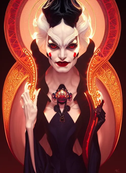 Prompt: symmetry portrait of cruella de vil, glowing lights, intricate, elegant, highly detailed, digital painting, artstation, concept art, smooth, sharp focus, illustration, art by artgerm and greg rutkowski and alphonse mucha