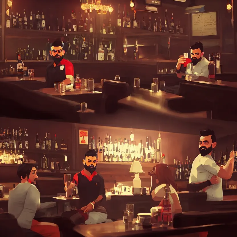 Prompt: virat kohli in a bar, with a huge belly, drinking heavily, cinematic, ultrarealistic, 8 k, unreal engine, by atey ghailan, artstation