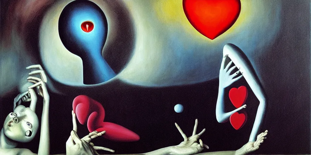 Image similar to surrealist painting by painting by gottfried helnwein, yves tanguy, leonora carrington, max ernst, a man being overcome by love conciseness, psychedelic dripping colors