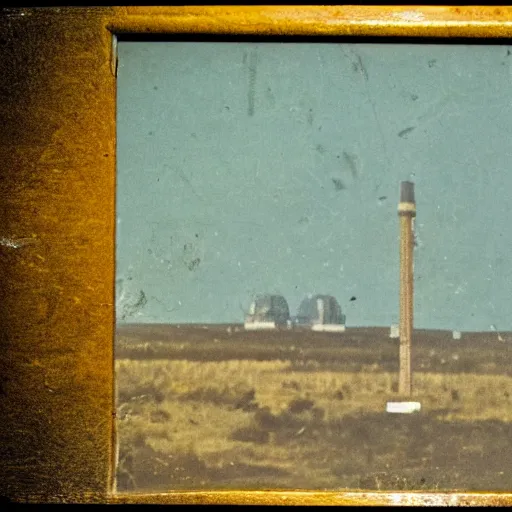 Prompt: photo of small sign showing a danger symbol, in the background there is a nuclear tower with lots of steam, pictorialism style