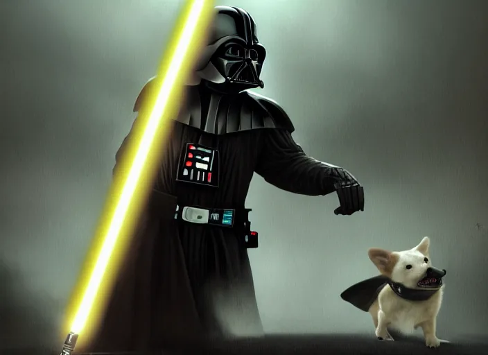 Image similar to a Photorealistic dramatic hyperrealistic render of darth vader with lightsaber drawn facing off against a calm cute corgi in battle, futuristic star wars vibe, by WLOP and Artgerm and Greg Rutkowski and Alphonse Mucha, Beautiful dynamic dramatic dark moody lighting, shadows, cinematic atmosphere, Artstation, concept design art, Octane render, 8K, masterpiece, sharp focus