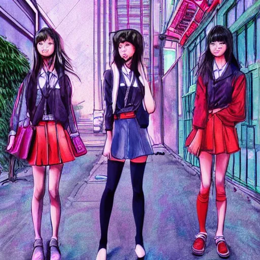 Image similar to a perfect, realistic professional digital sketch of a Japanese schoolgirls posing in a synthwave alleyway, style of Marvel, full length, by pen and watercolor, by a professional American senior artist on ArtStation, a high-quality hollywood-style sketch, on high-quality paper