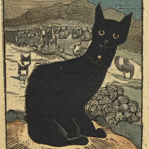 Image similar to 19th century woodcut, two black cats sitting on the back of a llama in the Andes