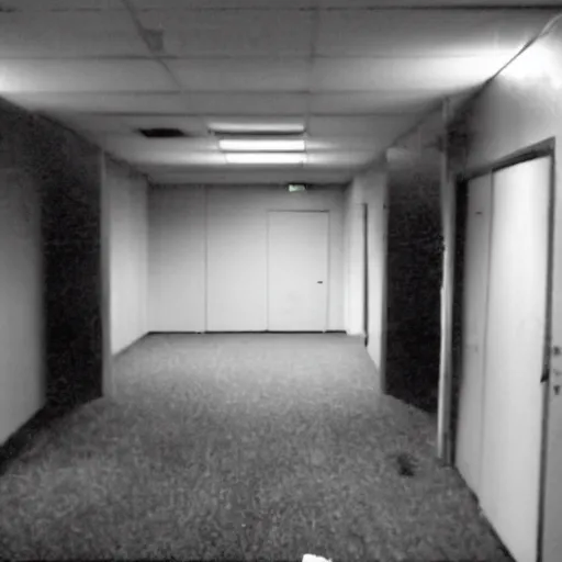 Prompt: a dark figure at the end of a creepy empty office hallway. found footage craiglist photo.