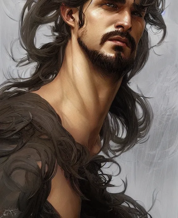 Image similar to portrait close up of guy, concentrated look, symmetry, d & d, fantasy, intricate, elegant, highly detailed, digital painting, artstation, concept art, art by artgerm and greg rutkowski and alphonse mucha, boris vallejo