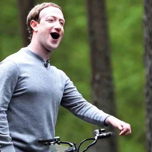 Prompt: Mark Zuckerberg catching flies with his tongue in the forest, photo