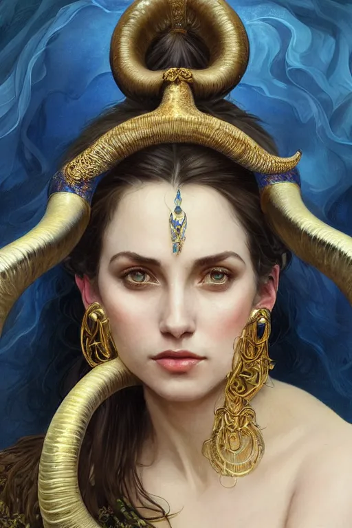 Prompt: a beautiful woman with deep blue skin, big natural ram horns on her head, flowing dress, gold jewellery, dnd, face, fantasy, intricate, elegant, highly detailed, digital painting, artstation, concept art, smooth, sharp focus, illustration, art by artgerm and greg rutkowski and alphonse mucha