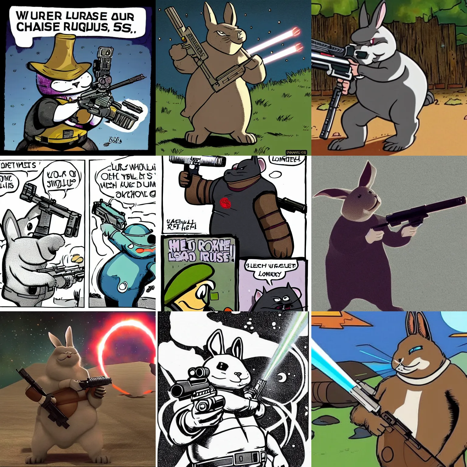 Prompt: badass chungus and his laser rifle, shooting laser