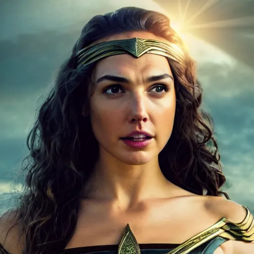 Image similar to Full body photo of the beautiful woman Gal Gadot as Medusa the greek goddess, she is looking straight to the camera, she has a glow coming from her, she is getting illuminated for rays of light, behind her is a scary atmosphere, the photo was taking by Annie Leibovitz, matte painting, oil painting, naturalism, 4k, 8k