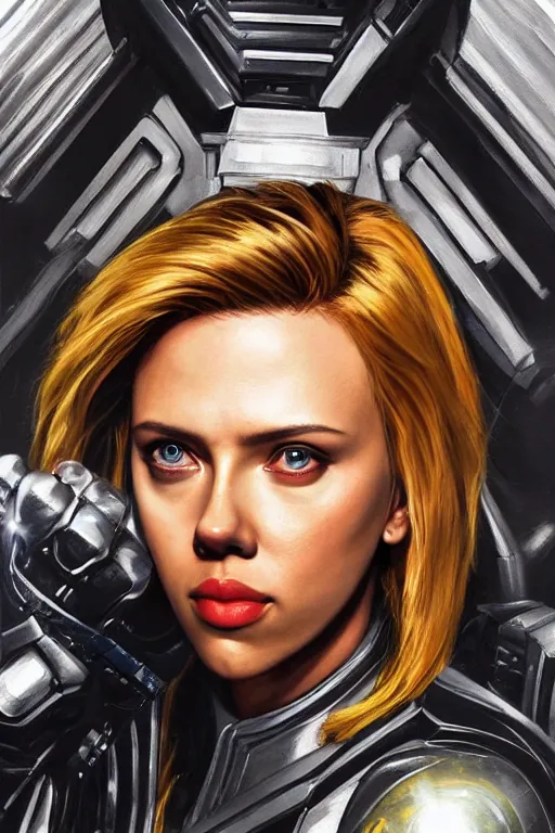 Image similar to a striking painting of Scarlett Johansson as 2000AD Judge Anderson, strong lighting, ultra realism, highly detailed, trending on artstation, 4K, HD, oil on canvas