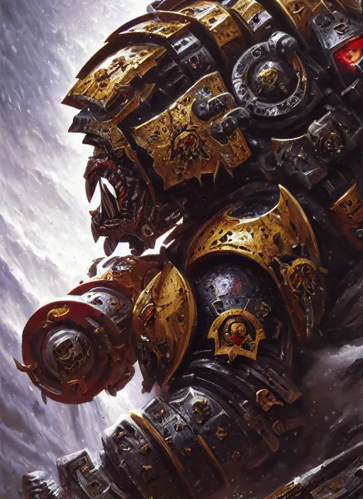 Image similar to portrait of a chaos space marine, intricate, warhammer, warhammer 4 0 k, highly detailed, digital painting, concept art, sharp focus, illustration, art by john blanche, by pedro nunez, by jaime martinez, by nacho molina