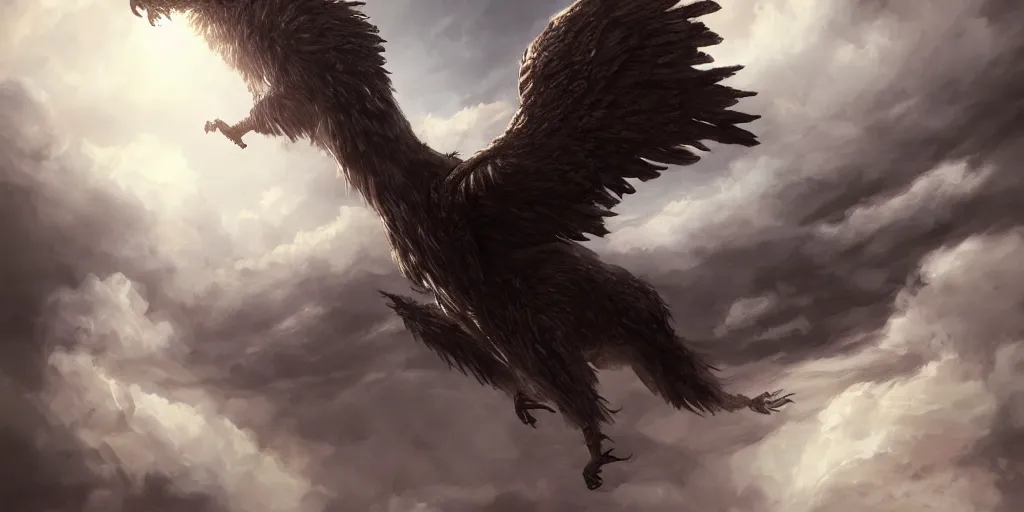 Image similar to a giant griffin ascending to the clouds, concept art, digital illustration, trending on artstation, deviantart, artgerm, epic composition, masterpiece, highly detailed, advanced technique, ambient lighting, wlop, ross draws