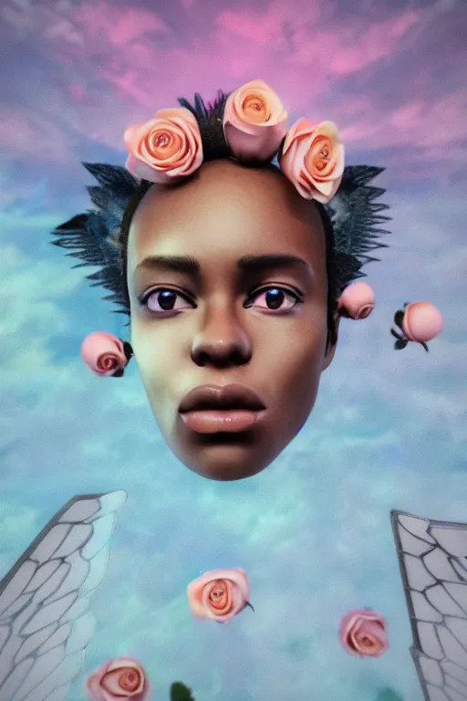 Image similar to milky crystal quartz eyeballs with wings. peach roses, background heavenly sky by basquiat, Trending on artstation. halo. octane render, cinematic, hyper realism, octane render, 8k, depth of field, 3D