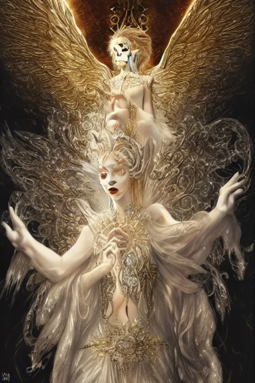 Prompt: white angel with wings, wearing diamond armor shining light, jewelry pearls, god rays by Karol Bak, Ayami Kojima, Amano