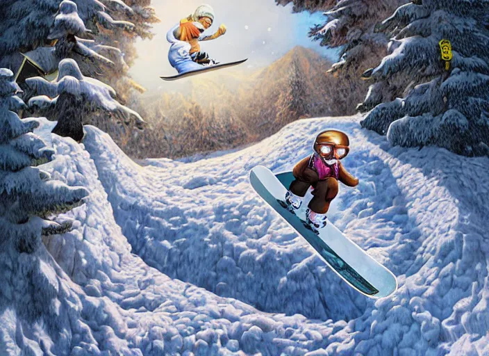 Prompt: snowboarding to another dimension, lowbrow, matte painting, 3 - d highly detailed, in the style of mark ryden,