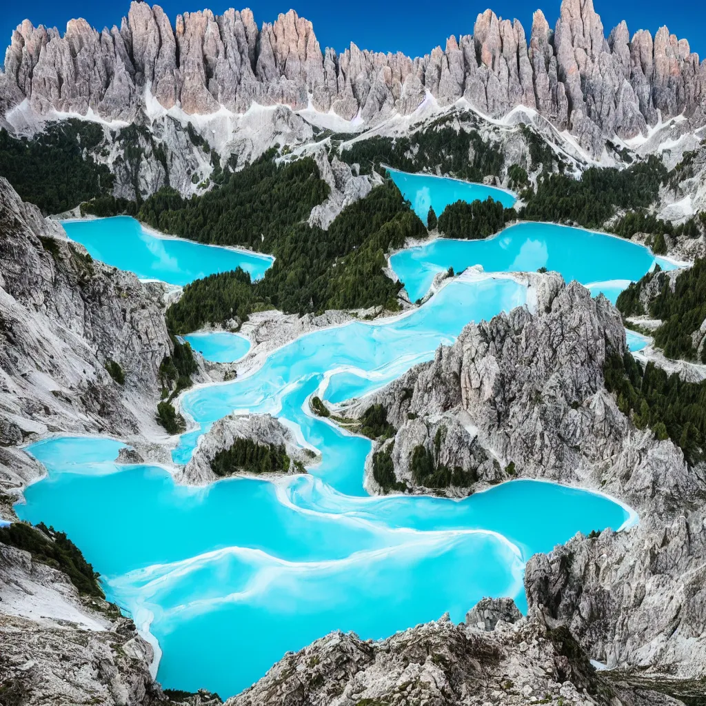 Prompt: dolomites, bright blue pools of water with swirling seafoam, patches of green fields, black volcanic rock, icy glaciers, birds eye view