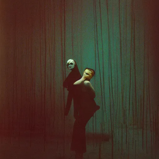 Image similar to 3 5 mm color photography, beksinski and annie liebovitz, vogue shoot of glitch nightmare