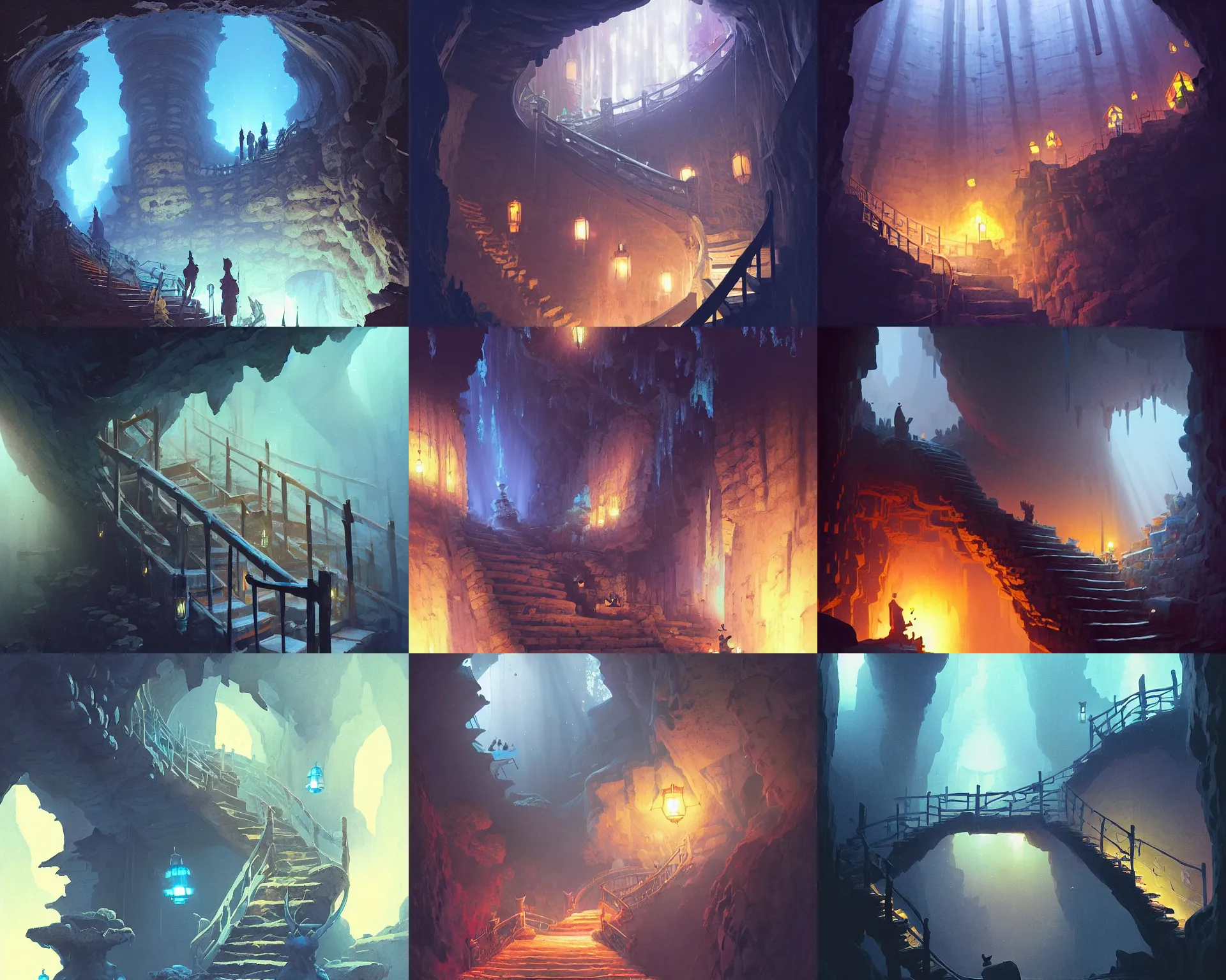 Prompt: staircase leading towars the bottom of a cavern lit by blue lanterns and ember, magnificent, close up, details, sharp focus, elegant, highly detailed, illustration, by Jordan Grimmer and greg rutkowski and PiNe(パイネ) and 薯子Imoko and 香川悠作 and wlop and maya takamura, intricate, beautiful, Trending artstation, pixiv, digital Art