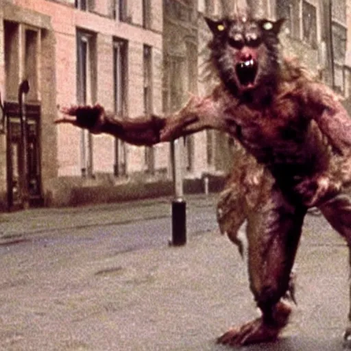 Image similar to film still of a werewolf extending out his hand in an american werewolf in london