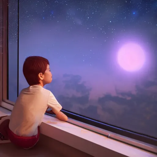 Image similar to a boy looks outside his bedroom window to see the beautiful cosmos, trending on artstation, 8k resolution, octane render