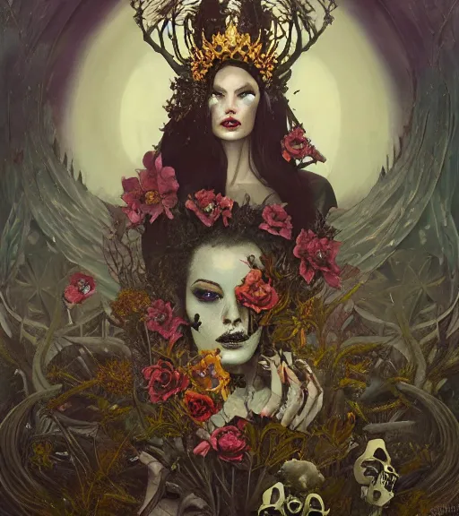 Prompt: portrait of the supreme queen of the dark cult, surrounded by skulls and overgrowth and dark flowers by WLOP, karol bak, James Jean, tom bagshaw, rococo, trending on artstation, cinematic lighting, hyper realism, octane render, 8k, hyper detailed.