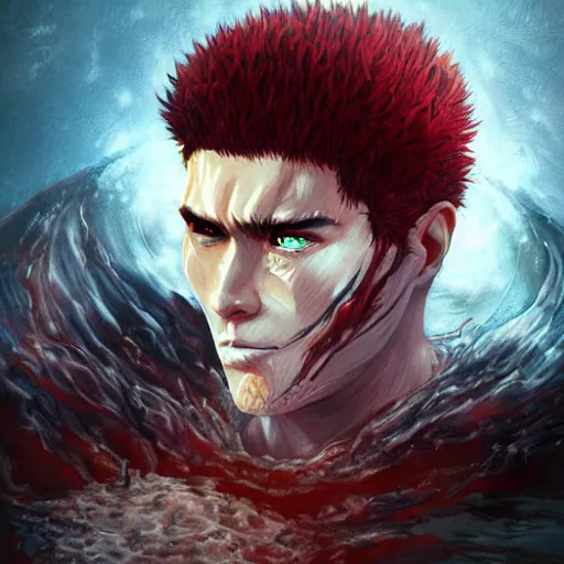 Prompt: portrait of guts from berserk submerged in red water, extremely detailed, made by wlop, maxwell boas, Sakimi chan and Anato Finnstark