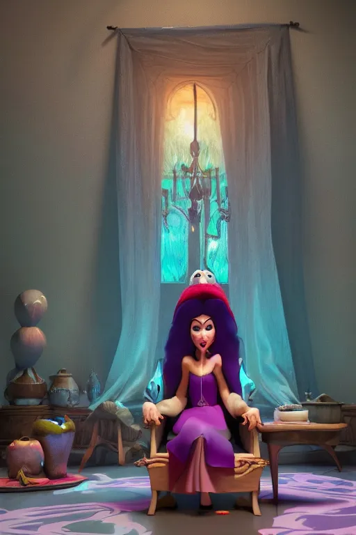 Prompt: An evil sorceress scheming on her throne | stylised | short and stocky broad body| big nose | art style of disney pixar movie | HD 8k | rendered by octane