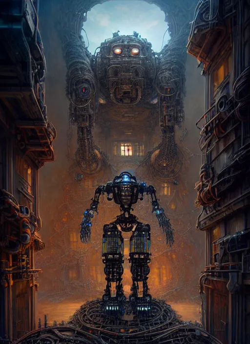 Image similar to A photorealistic 3d render of a robot monster cyborg made of circuits wide view shot by ellen jewett , tomasz alen kopera and Justin Gerard symmetrical features, ominous, magical realism, texture, intricate, ornate, royally decorated, android format, windows, many doors, roofs, complete house , whirling smoke, embers, red adornments, red torn fabric, radiant colors, fantasy, trending on artstation, volumetric lighting, micro details, 3d sculpture, ray tracing, 8k