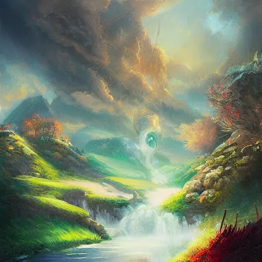 Image similar to fantasy book cover painting, a lively landscape in the country by Ross Tran