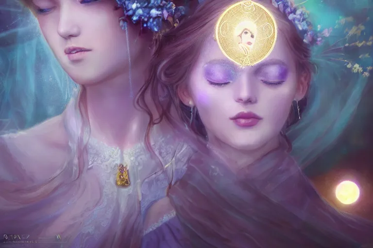 Image similar to a dreamlike cinematic portrait of wedding photograph close up moment of a divine a russia sun god and moon goddess lovers magician at a wedding banquet. portraiture. digital painting. artstation. concept art. fantasy wedding photo. digital painting, 8 k realistic, hyper detailed, violet evergarden art masterpiece by art by krenz cushart