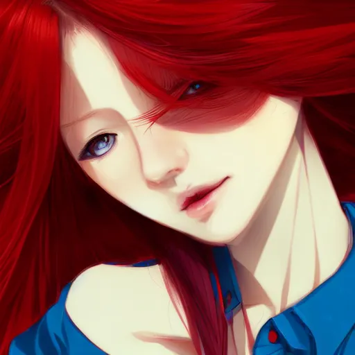 Prompt: full headshot portrait of woman with red hair and blue, digital art, drawn by WLOP, by Avetetsuya Studios, anime manga panel, trending on artstation, wearing a plaid shirt