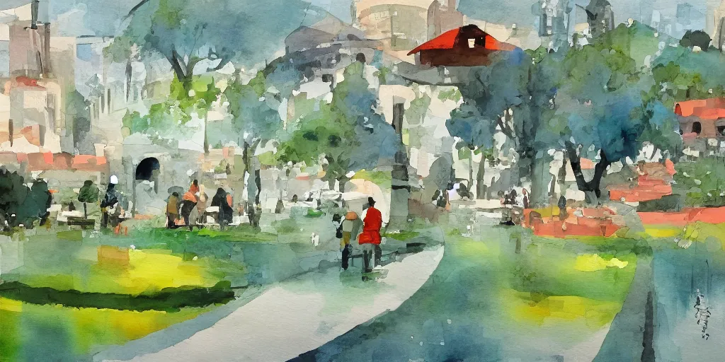 Prompt: foreground shows a futuristic single story building in the style of modern watercolor. people and beautiful landscaping surround. limited palette, contemporary art