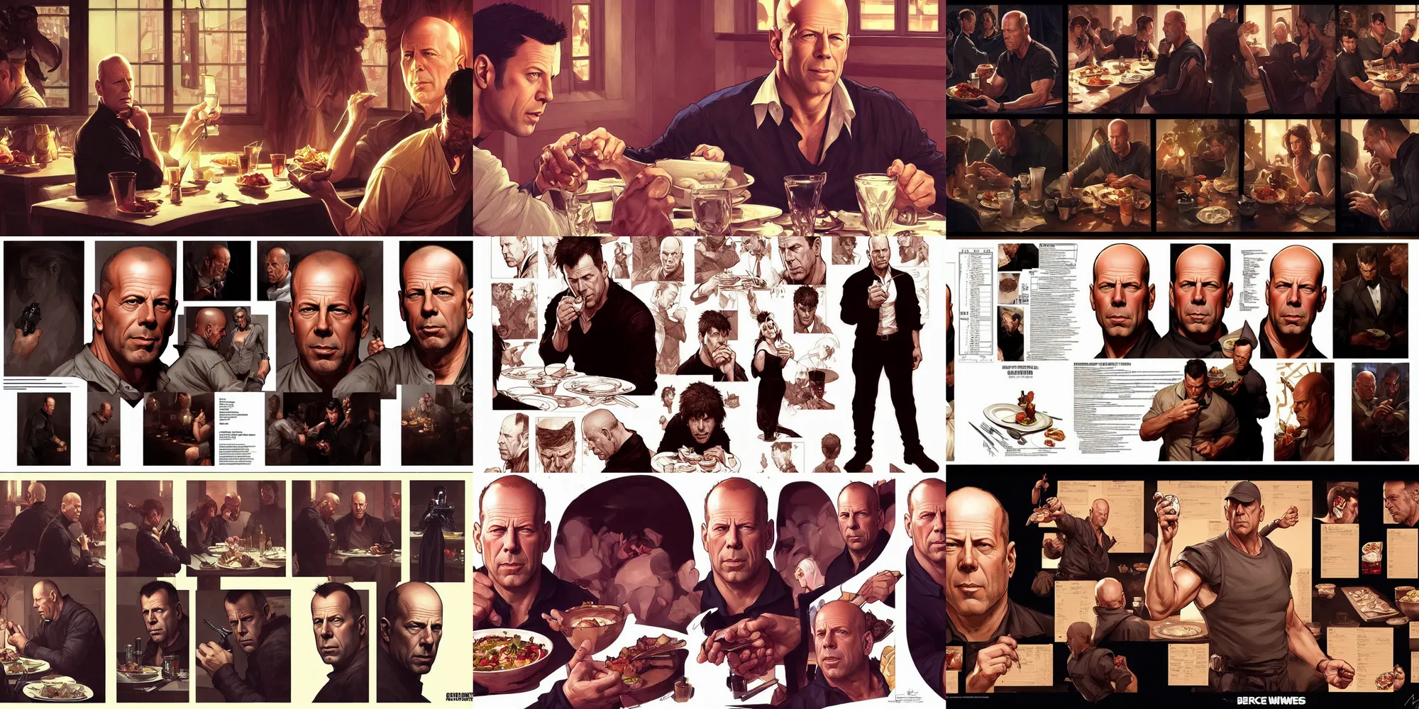 Prompt: bruce willis eating dinner, character sheet, character design, contrast, deep focus, turnaround, highly detailed, dramatic lighting, digital painting, artstation, concept art, matte, sharp focus, illustration, elegant, art by artgerm and greg f and alphonse mucha.