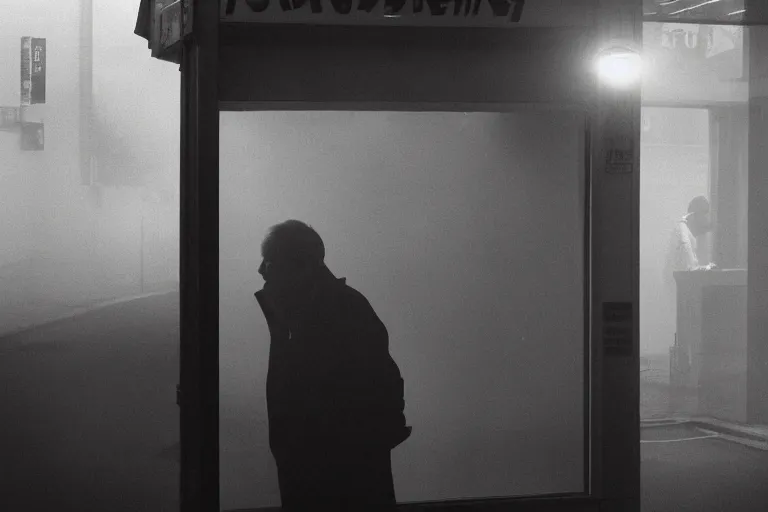 Image similar to an ultra realistic cinematic headshot portrait of an evil scientist, stood outside a corner shop, foggy, detailed, deep focus, movie still, dramatic lighting, by fay godwin