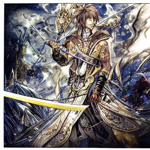 Prompt: a golden handsome magic swordsman with glides through a beautiful battlefield magic the gathering dramatic esoteric pen and ink illustrated in high detail by Yoshitaka Amano