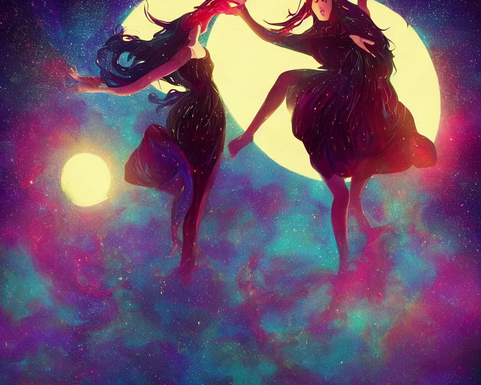 Image similar to beautiful fantastical girl standing in a lake basking in the moonlight, casting a spell, under a multi-colored binary blackhole with an accretion disc, glowing trails following her arms, wearing professional makeup, synthwave, by Lois van Baarle, by Greg Rutkowski, by artgerm, by beeple, by studio ghibli, cinematic angle, volumetric lighting, 4k resolution, octane render, trending on artstation, masterpiece