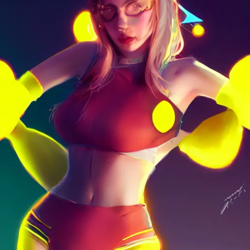 Prompt: color portrait of an attractive girl wearing a mesh costume of pikachu and fishnet stockings, by tsuaii and Wojtek Fus, Trending artstation, cinematográfica, digital Art