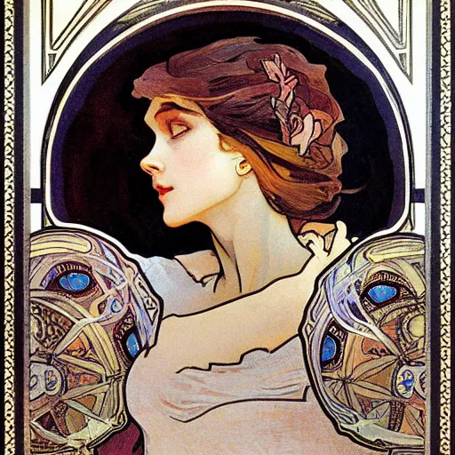 Image similar to alphonse mucha and j. c. leyendecker collaborative art