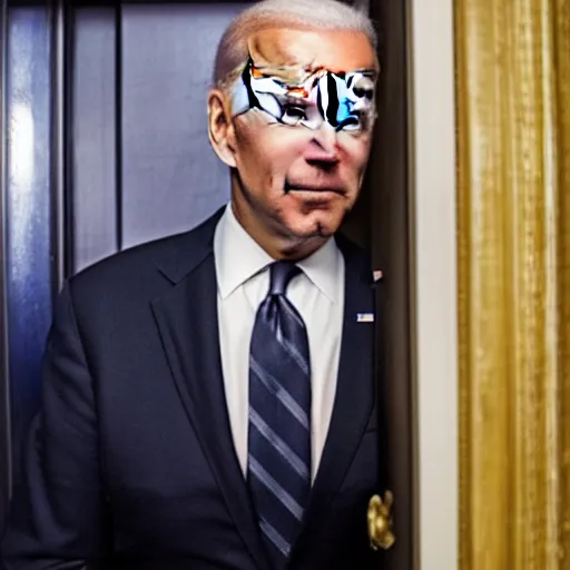 Image similar to Joe Biden T-posing threateningly in the doorway, lit from behind, scary, photo