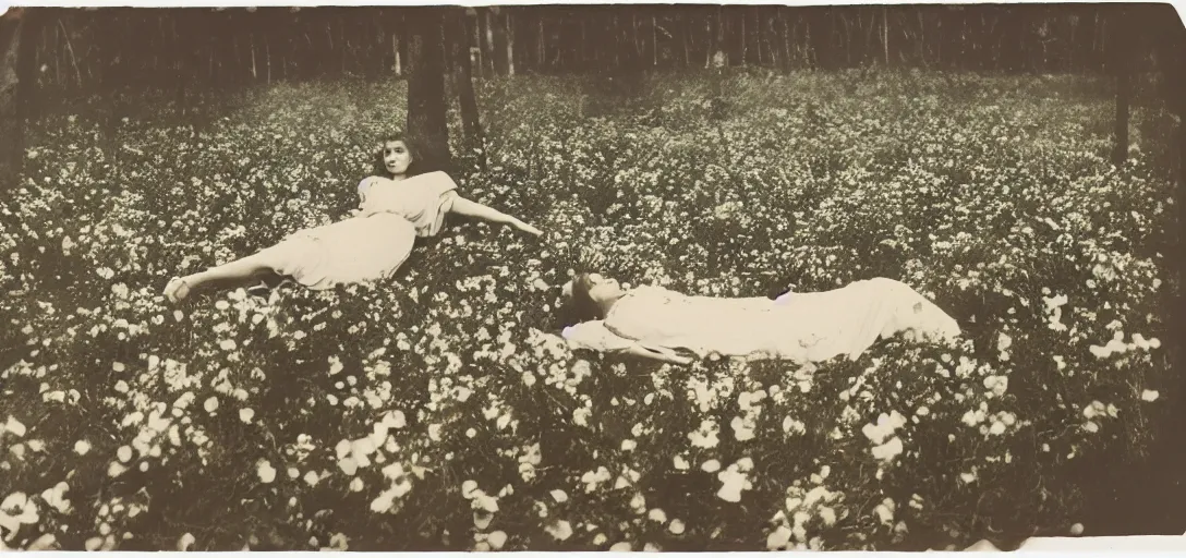 Image similar to beautiful woman on the ground covered in flowers, Forest, ray gods, 1910 top-down polaroid photography