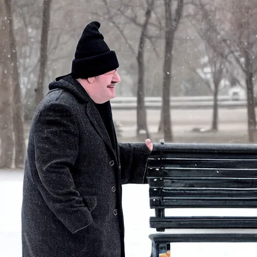 Image similar to Kevin Malone wearing a black beanie hat and black wool overcoat sitting on a park bench during the winter