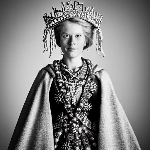 Image similar to portrait photograph of a very beautiful Scandinavian queen with ornate cloak, bokeh, graflex camera, macro 15mm