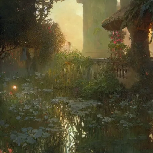 Prompt: Concept art, A garden at dusk, 8k, alphonse mucha, james gurney, greg rutkowski, john howe, artstation