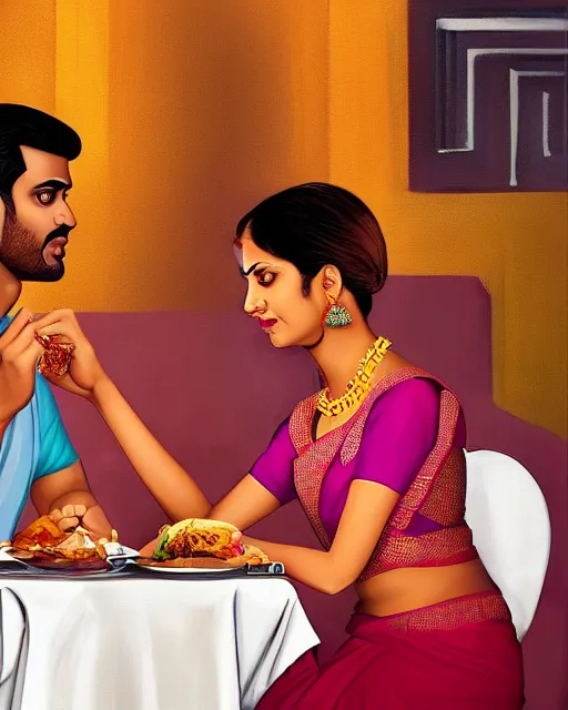 Image similar to a guy and girl on a date in a restaurant, saree, desi, art by salman toor. faithfully depicted facial expression, perfect anatomy, sharp focus, global illumination, radiant light, detailed and intricate environment, trending on artstation