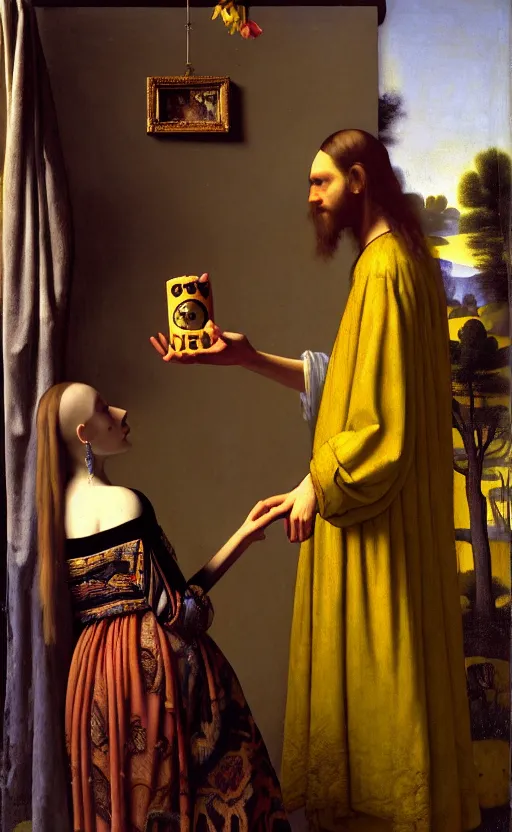 Image similar to hippies gathered around the sacred psychedelic mushroom, anthropomorphic hippie that is wearing floral maxi dresses, oil painting, by johannes vermeer, dnd, character reveal, cosmic, magical, fog, noble, full body portrait, intricate, ornate, extremely detailed, cult, ritual, 4 k, 8 k