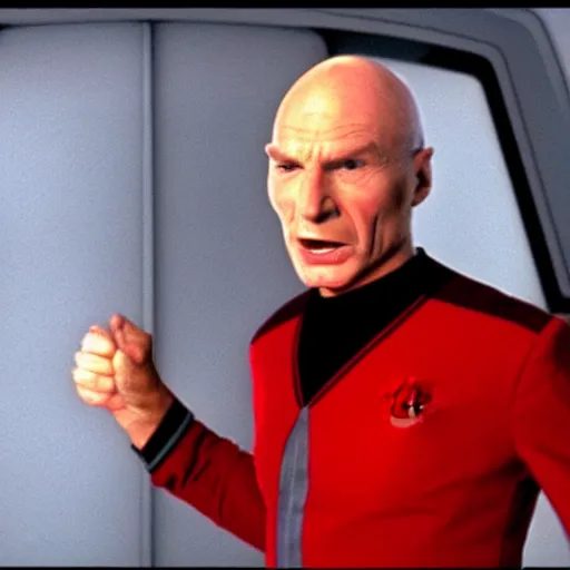 Prompt: Captain Picard screaming, caught inside of a shrinking warp bubble on an episode of Star Trek The Next Generation