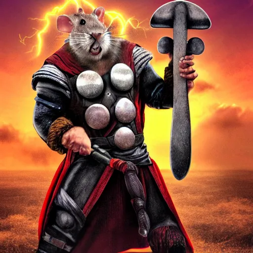 Image similar to the rat thor ~ holding his hammer ~ dramatic thunder background ~ fighting scene ~