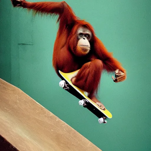 Image similar to an orangutan riding a skateboard on a half pipe, 9 0 s magazine, hype, award winning, highly detailed, high quality, high resolution