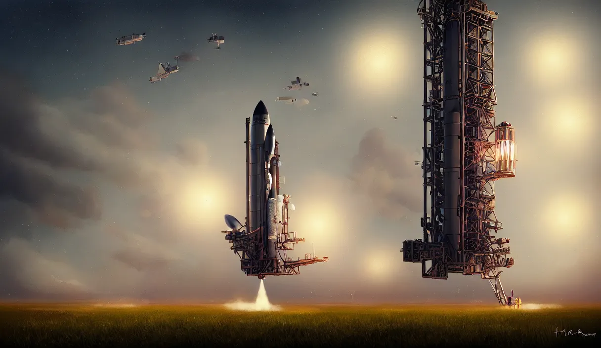 Image similar to epic professional digital art of vertical rocket on launch pad, at takeoff, ambient light, painted,, cinematic, detailed, intricate, grand, leesha hannigan, wayne haag, reyna rochin, ignacio fernandez rios, mark ryden, van herpen, artstation, cgsociety, epic, stunning, gorgeous, wow wow detail